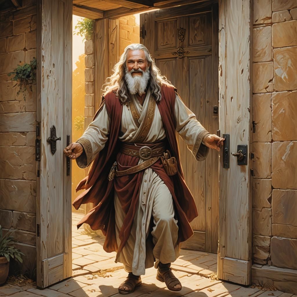 Biblical Hospitality: Oil Painting of Smiling Man Welcoming ...