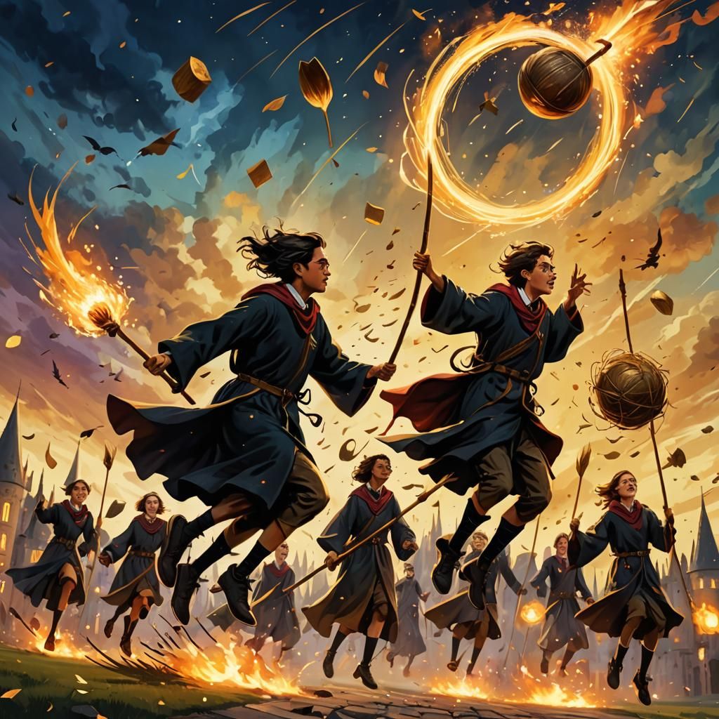 Hogwarts Students Playing Quidditch in Magical Realism