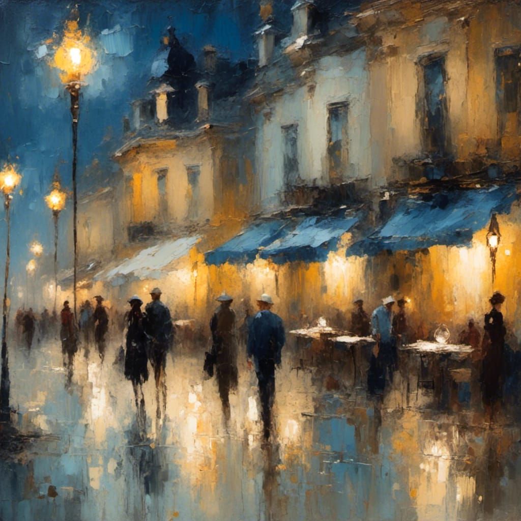 Night Cafe Street Scene in Sargent Oil Painting Style