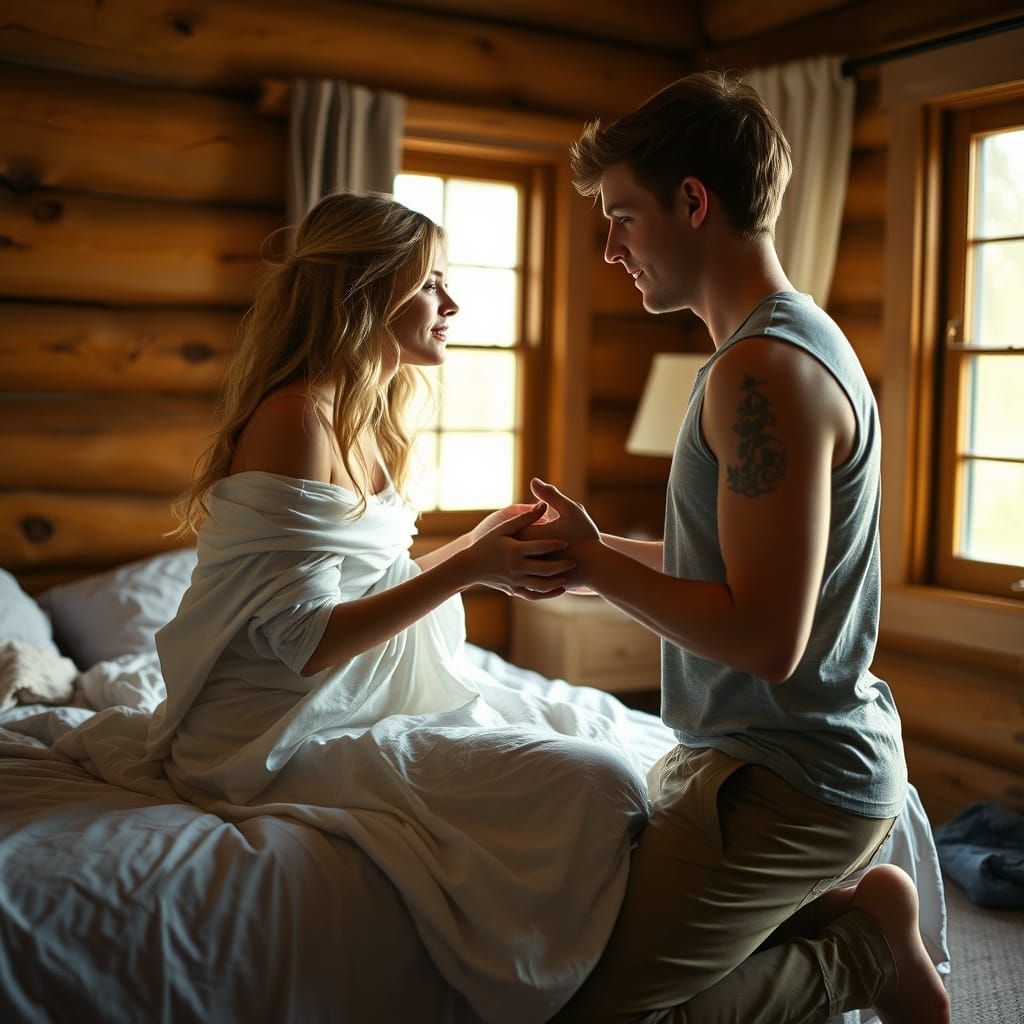 Ethereal Couple in Rustic Cabin Bedroom