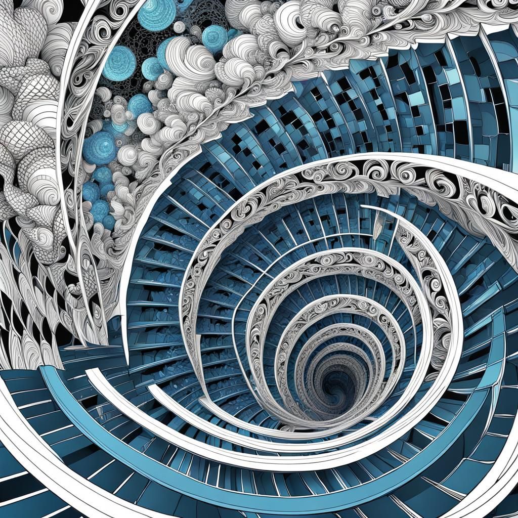 Cosmic Spiraling Staircase with Abstract Fractal Design