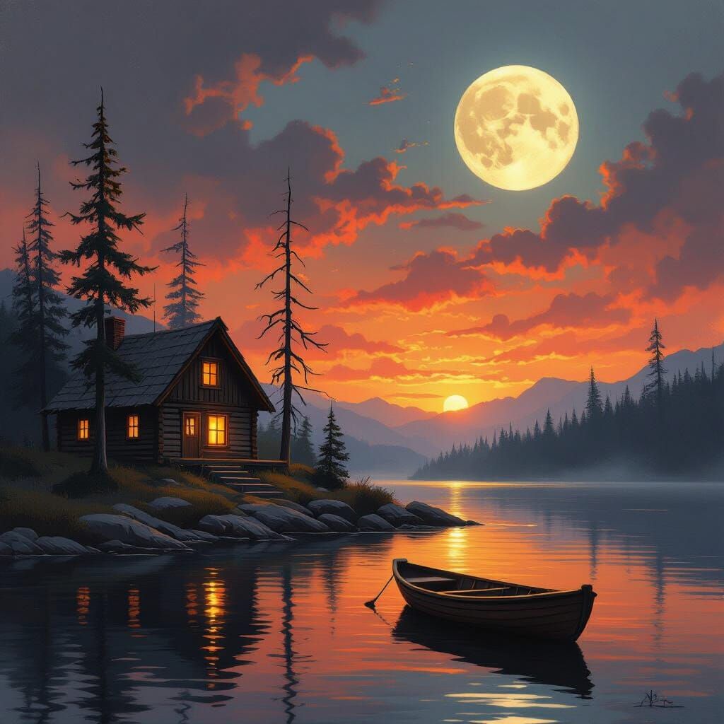 Rustic Cabin Lakeside at Fiery Sunset Under Bright Moon