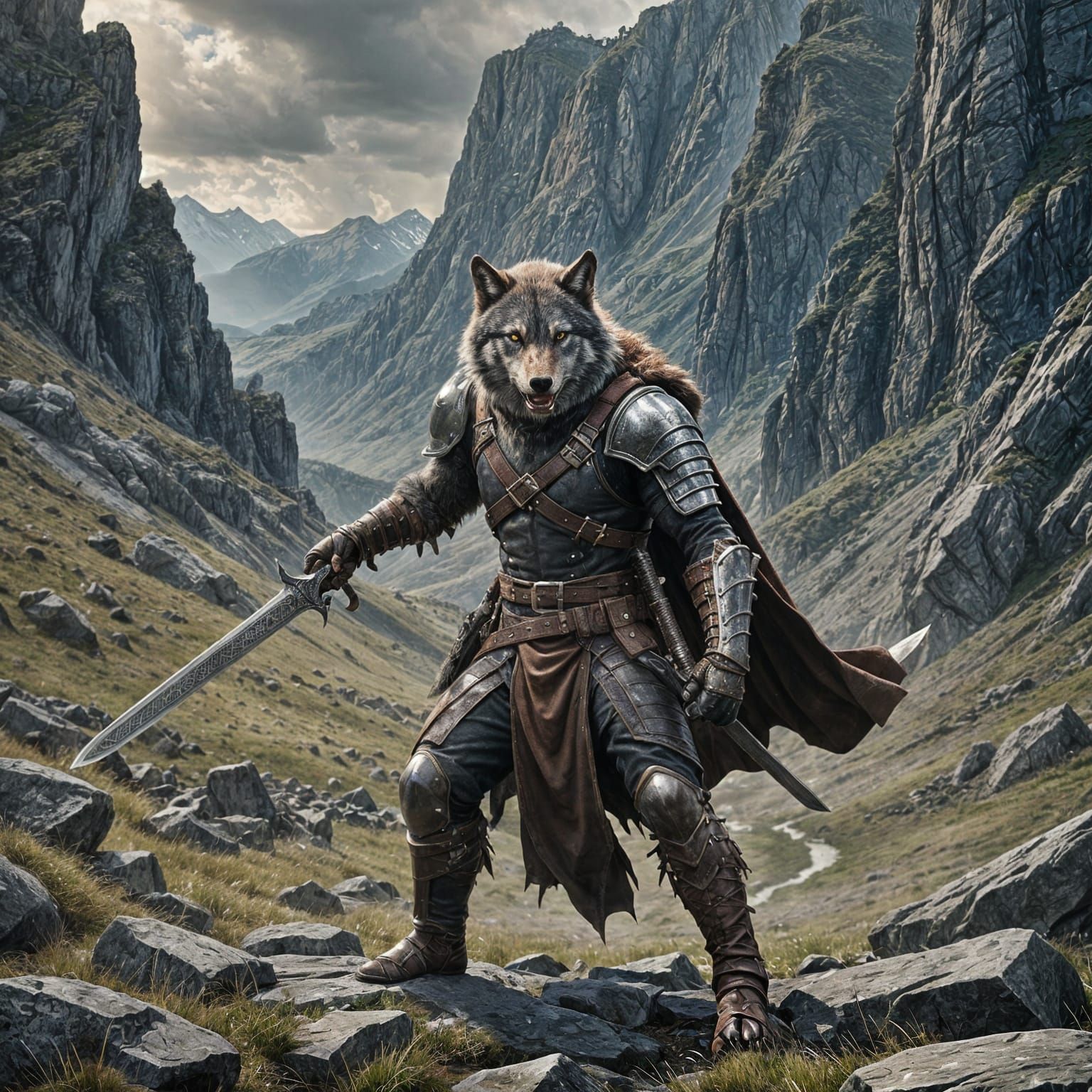 Fierce Wolf Man Ready for Battle in Dark Fantasy Art