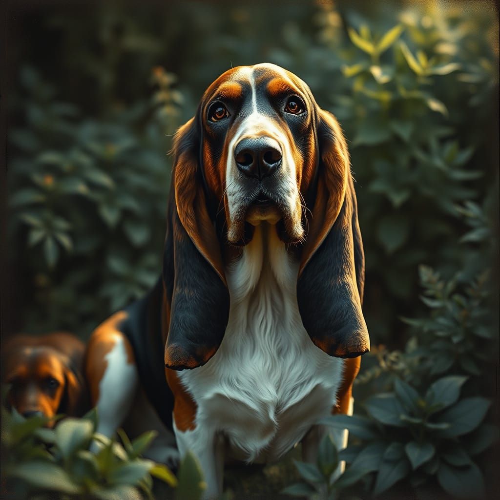 Noble Basset Hound in Romantic Garden Bromoil Print