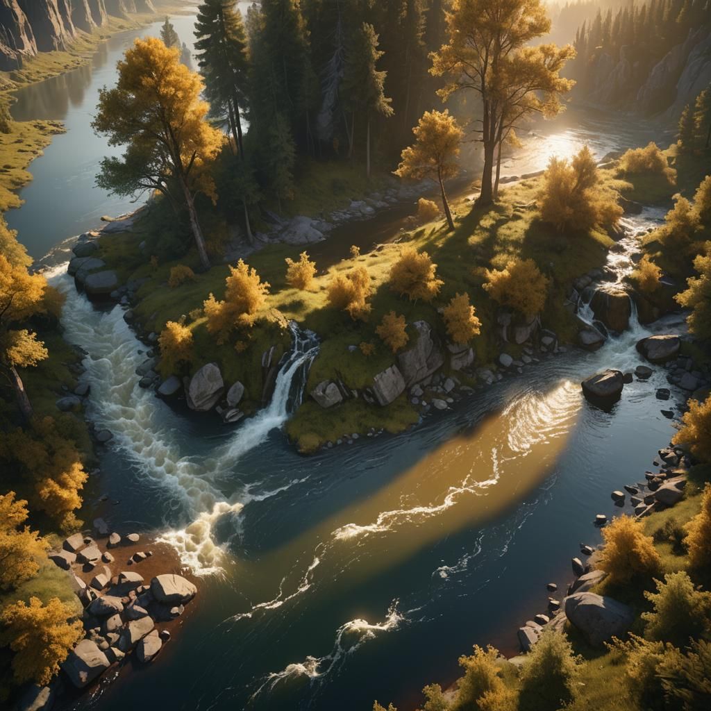 Hyperrealistic Plateaus in River at Golden Hour