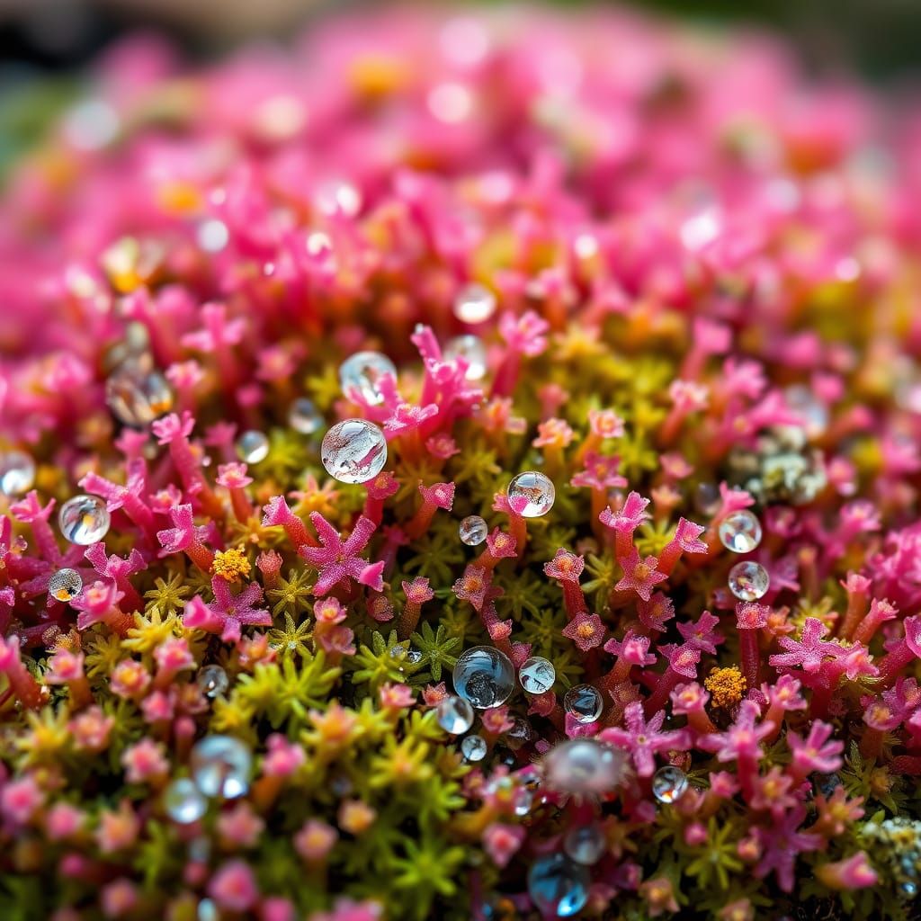 Ethereal Moss and Fungi Landscape in Vibrant Iridescent Hues