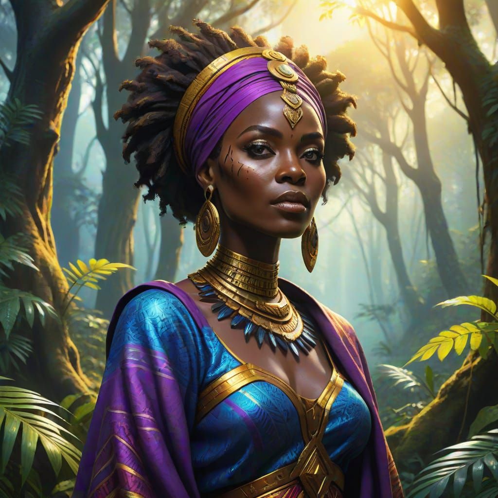 Mystical African Woman in Forest, Digital Fantasy Art