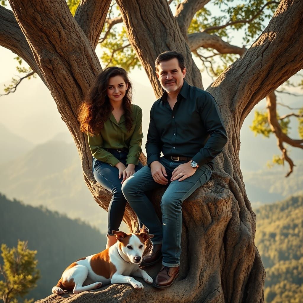 Couple on Oak Tree in Mountain Landscape