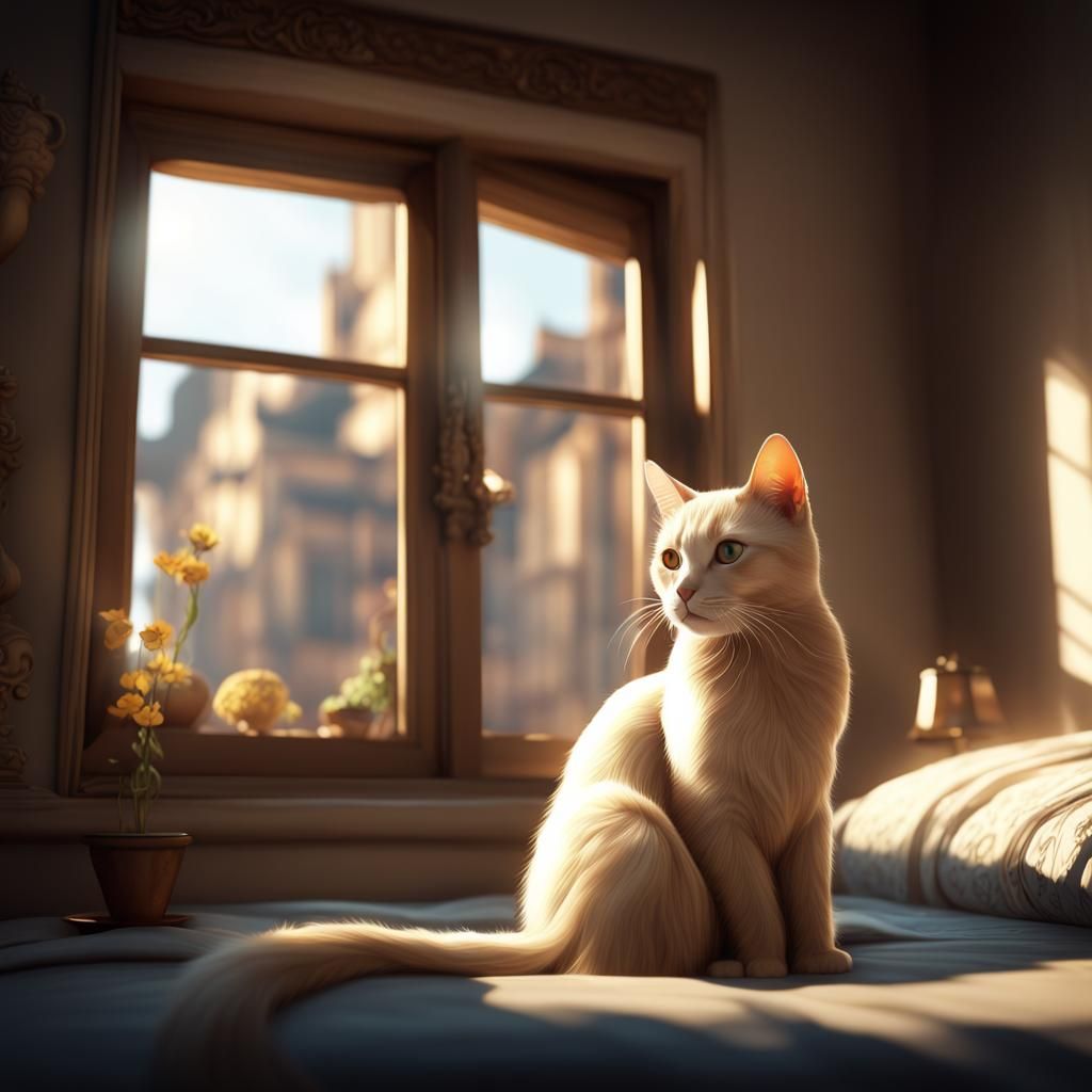 Cream Cat Basking in Sunlight: Fantasy Concept Art