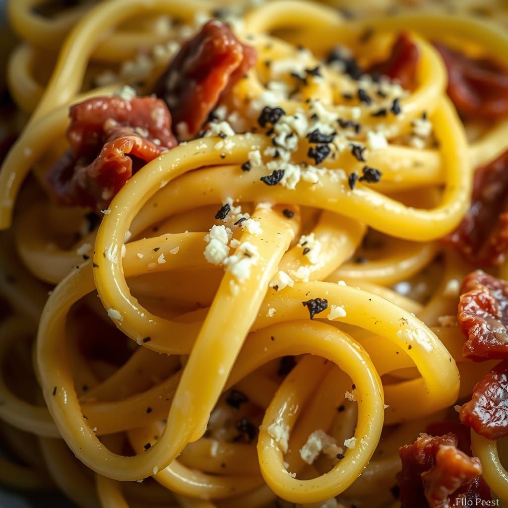 Tagliatelle Carbonara Macro Photo with Creamy Sauce