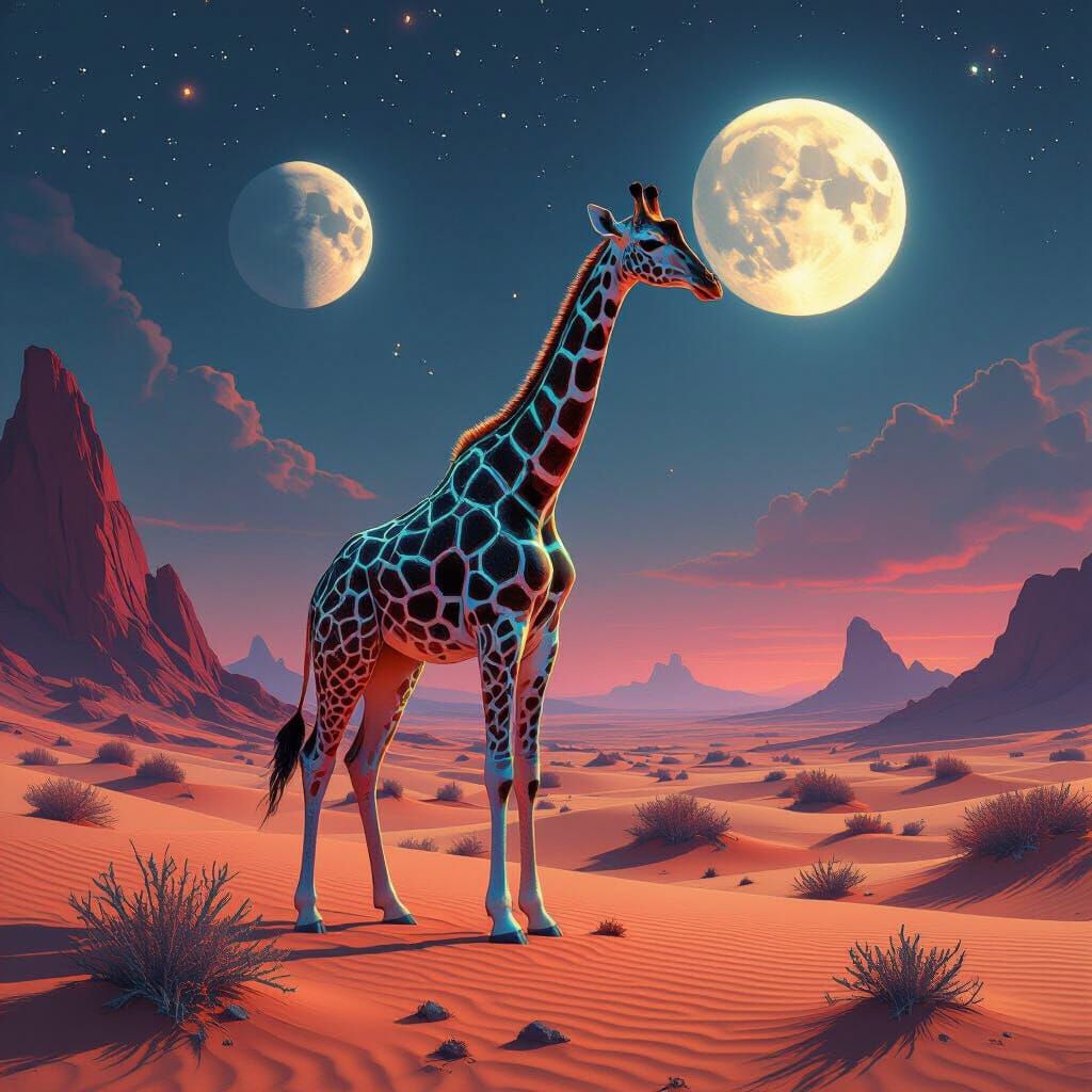 Colossal Bioluminescent Giraffe in Alien Desert
