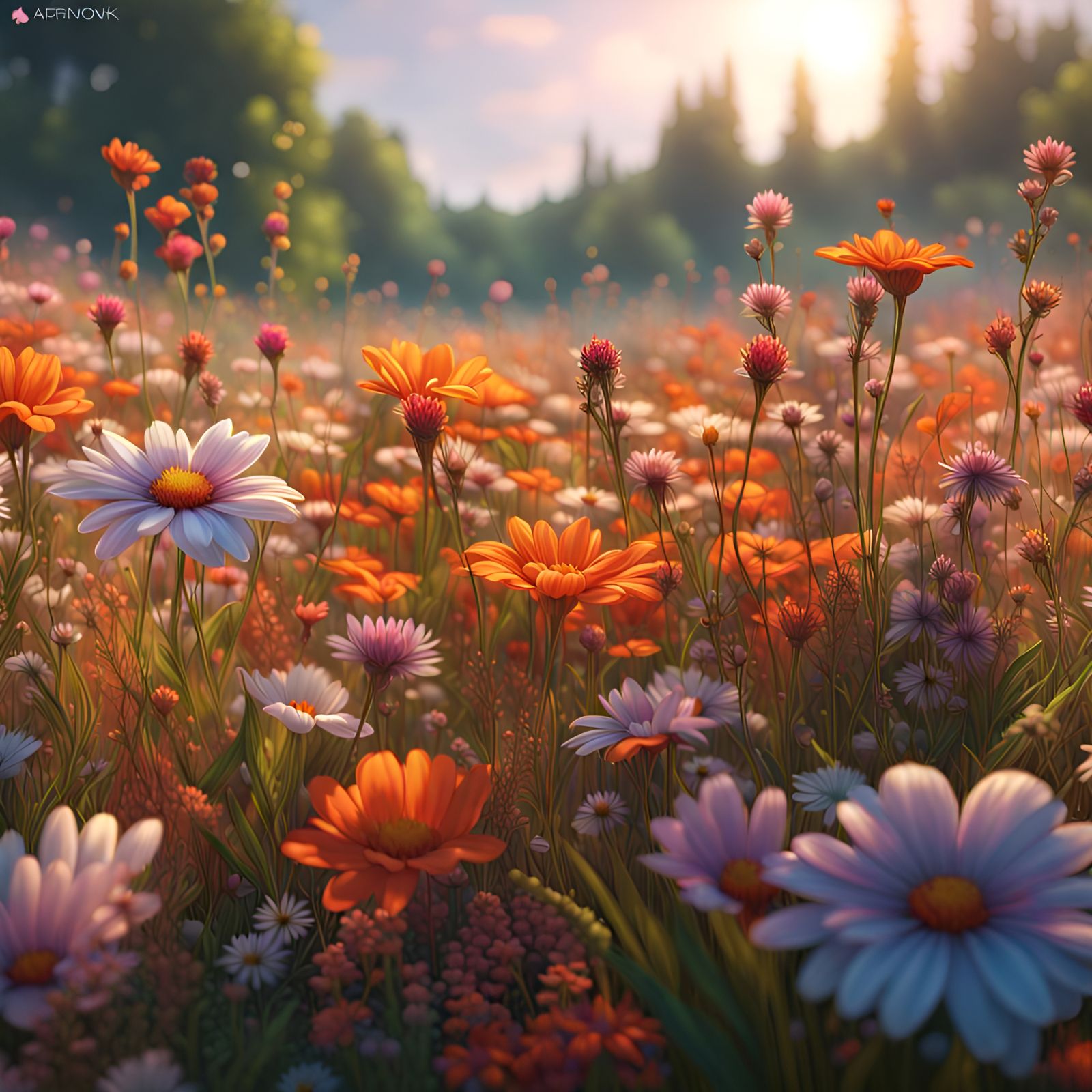 Hyperrealistic Flower Meadow in Splash Art Style
