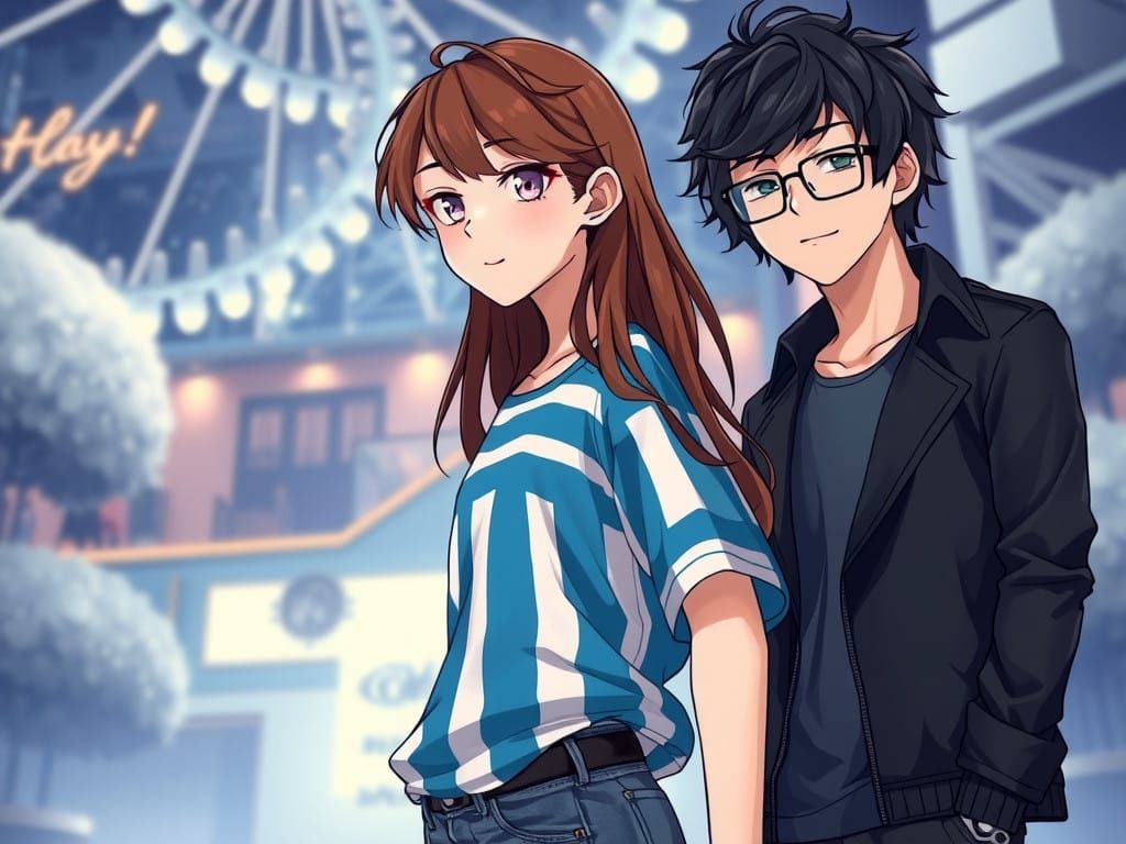 Surreal Anime Couple Stands Amidst Dreamlike Background