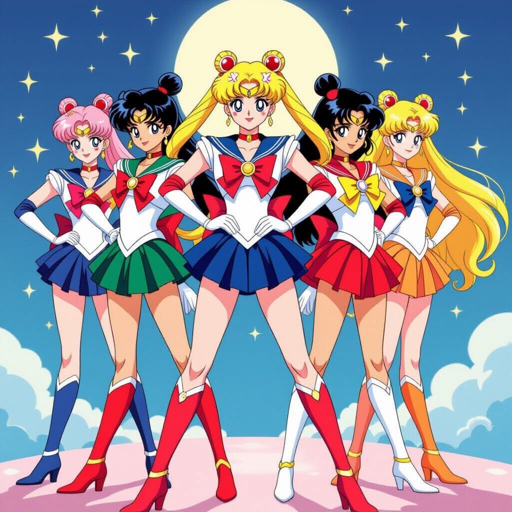 Sailor Moon and Sailor Soldiers in Anime Style