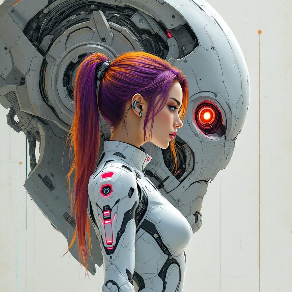 Cyberpunk Heroine Beside Giant Mecha in Digital Art