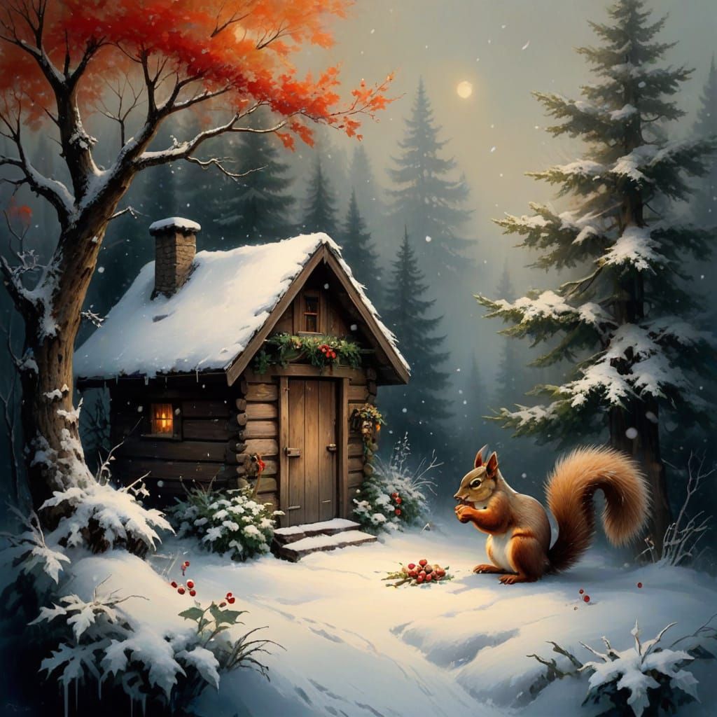 Whimsical Woodland Scene in Folk Art Style