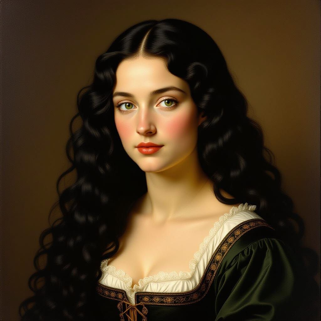 Plump Medieval Woman with Curly Black Hair and Green Eyes
