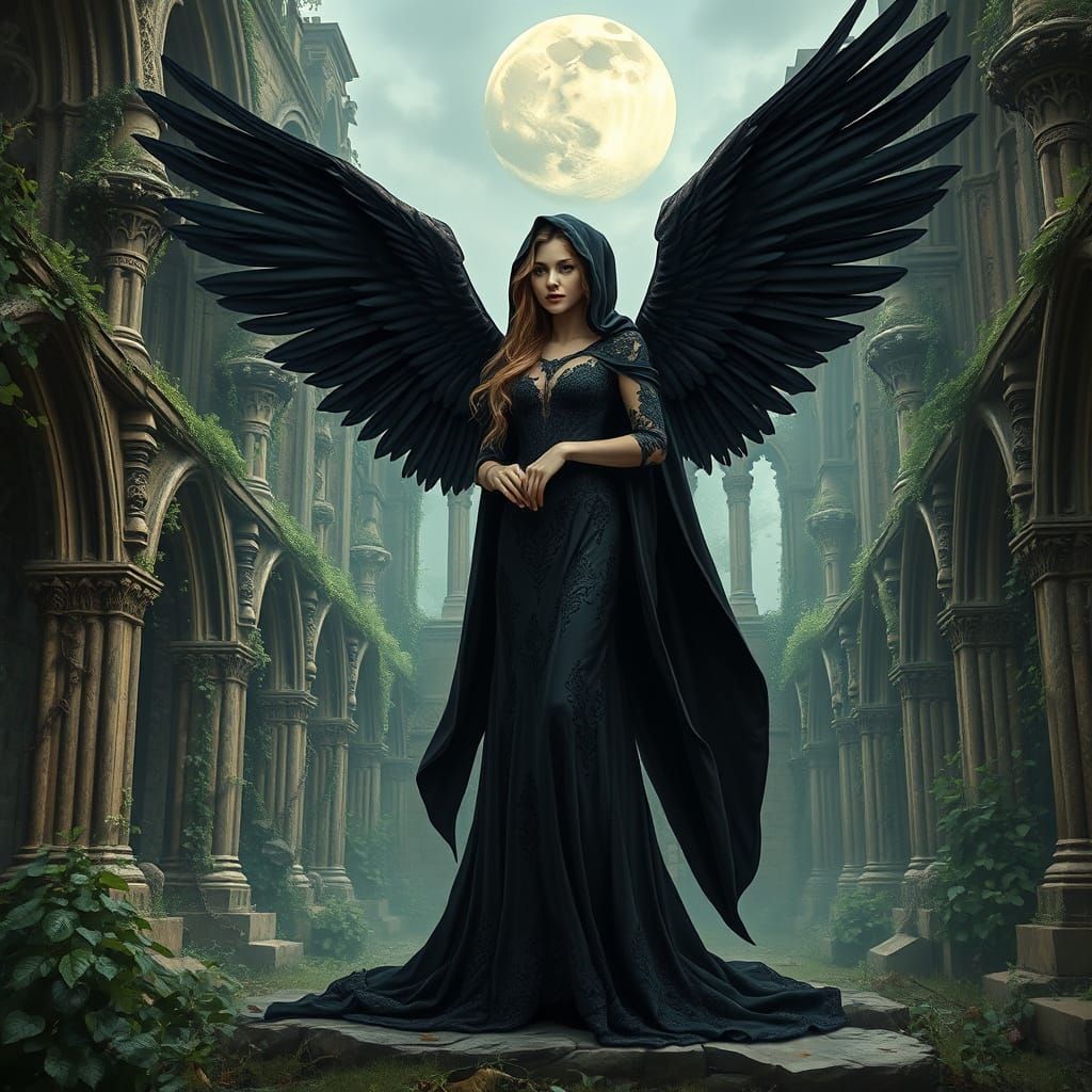 Elegant Dark Angel in Overgrown Church Ruins