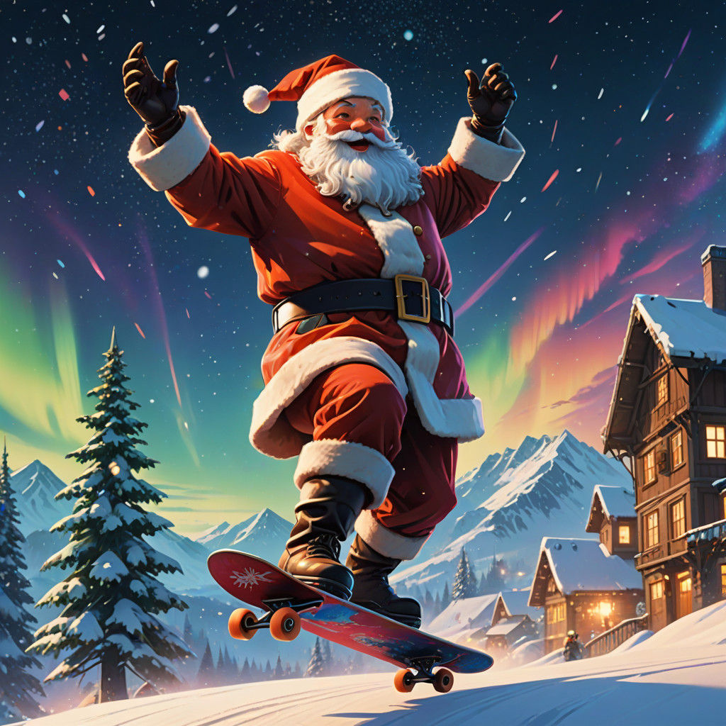 Santa Claus Shredding Down a Snowy Hill in Vibrant Digital A...