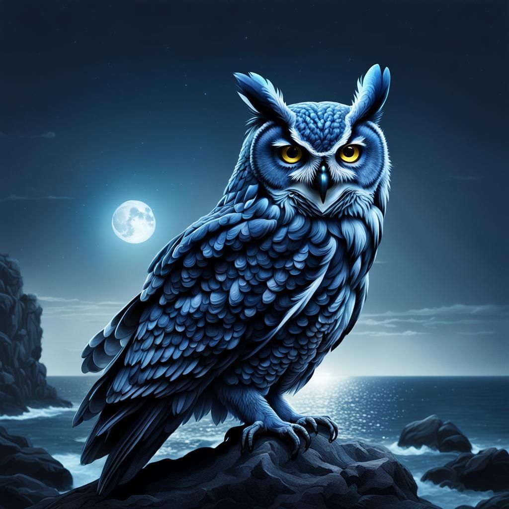 Blue Owl at Ocean's Edge Under Full Moon