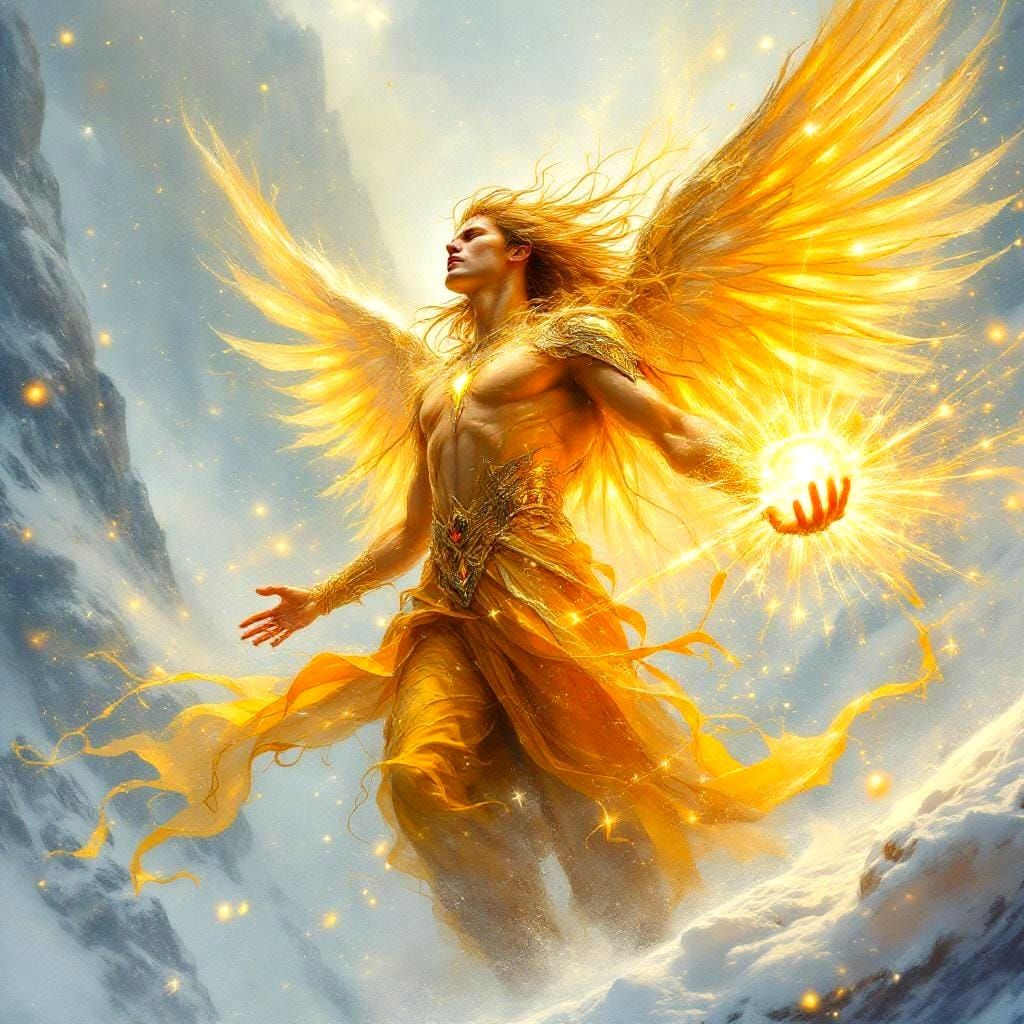 Ethereal God Descending in Blizzard, Watercolour Style