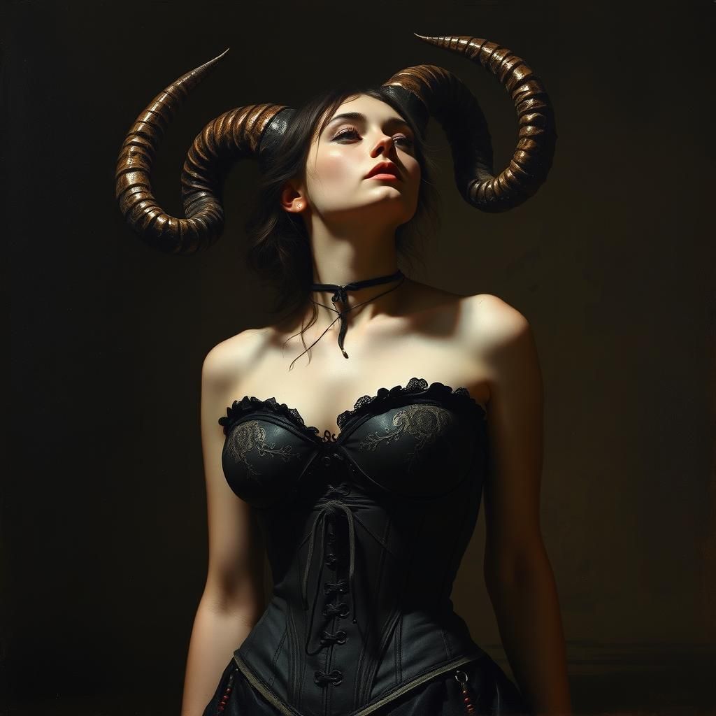 Chiaroscuro Painting of Horned Woman in Corset