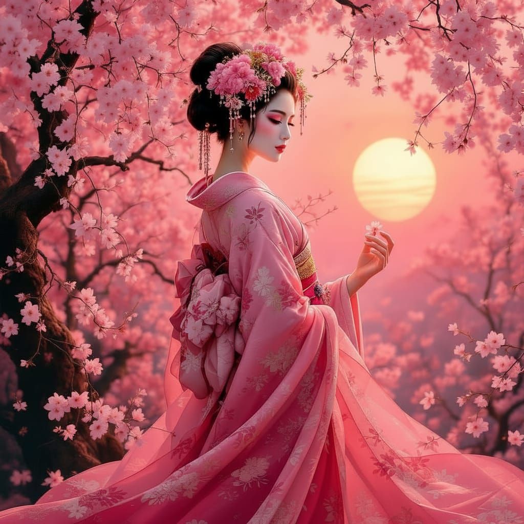 Beautiful Geisha in Pink Kimono Amidst Cherry Blossoms