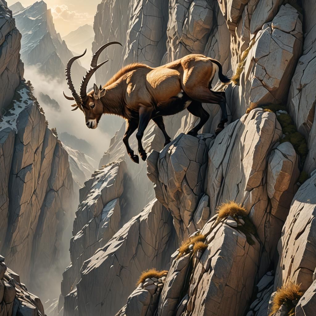(Ibex climbing at the  precipice of the walls of Alpine deli...