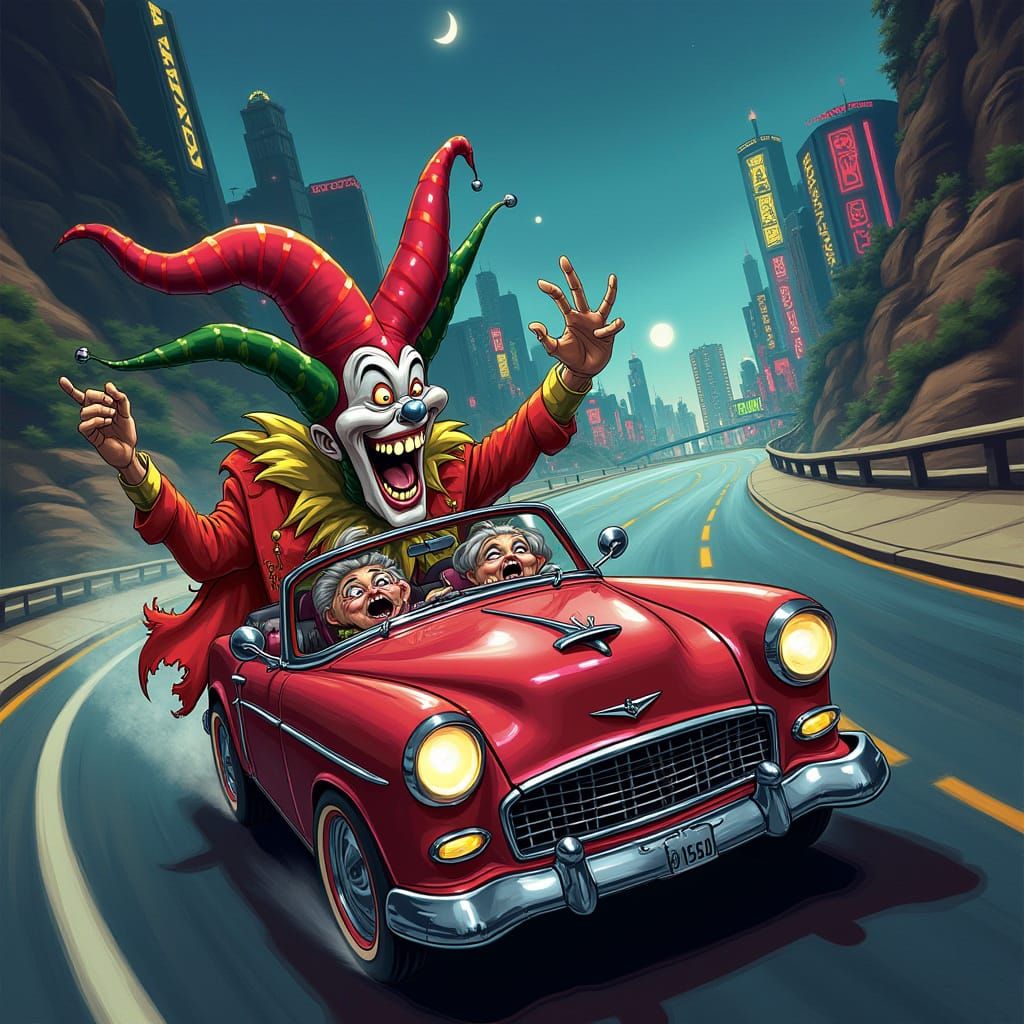 Evil Jester Drives Old Lady Through Neon Cityscape