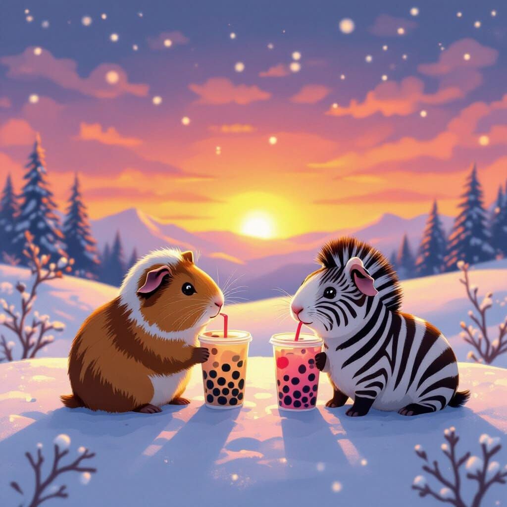 Guinea Pigs and Zebras Enjoy Boba Tea at Sunset