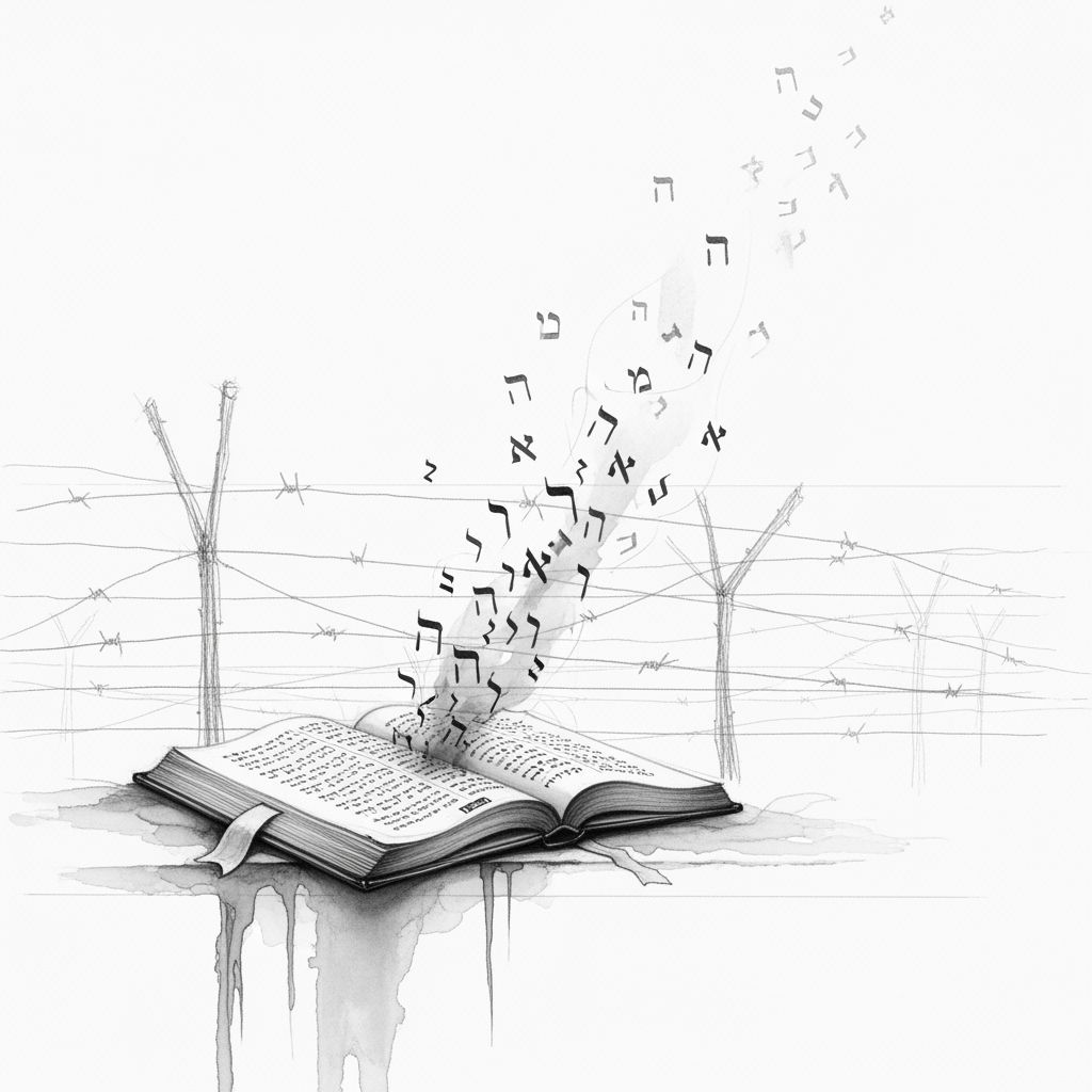 Hebrew Letters Ascend from Open Siddur Over Barbed Wire