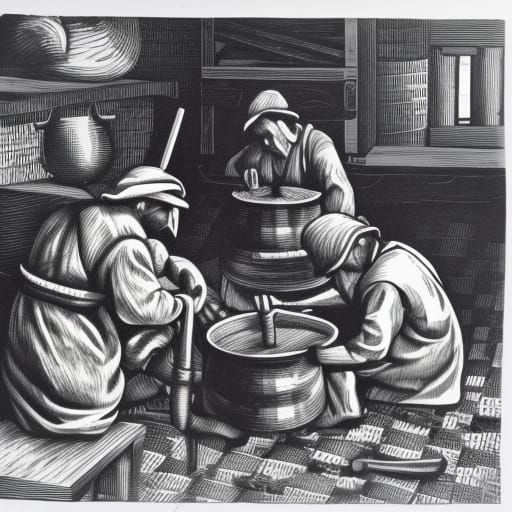 Checkered Workers Forging Tools in Linocut Style
