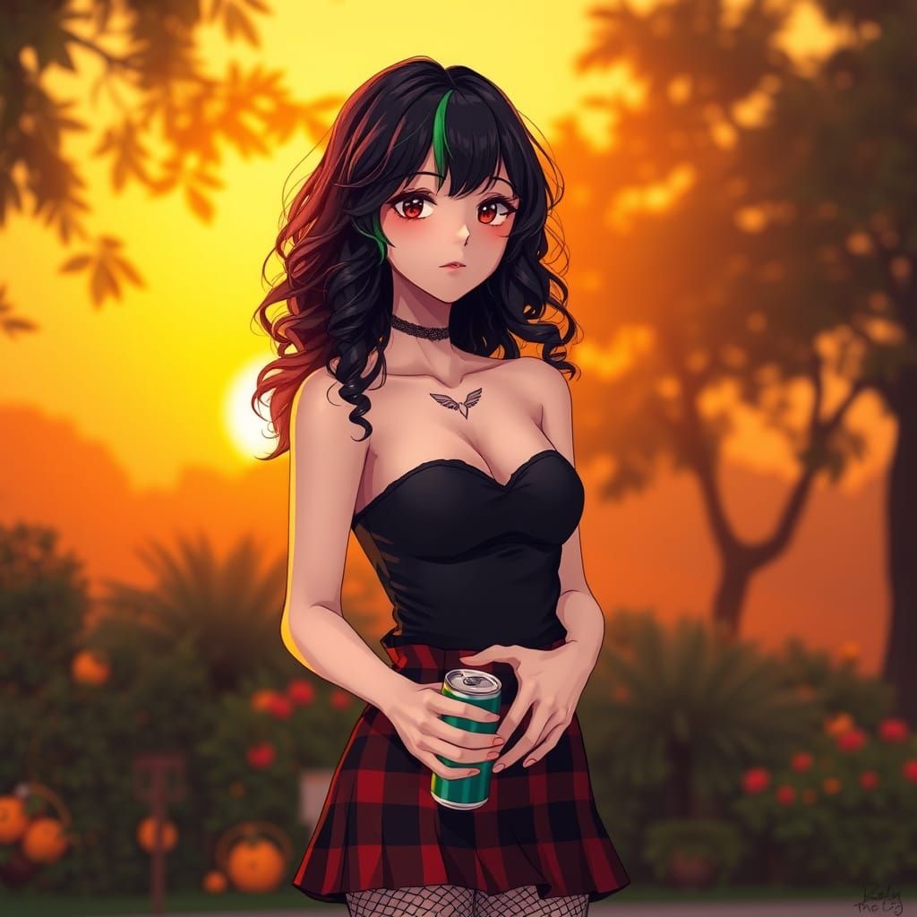 Whimsical Anime Girl with Vibrant Green Hair and Delicate Wi...