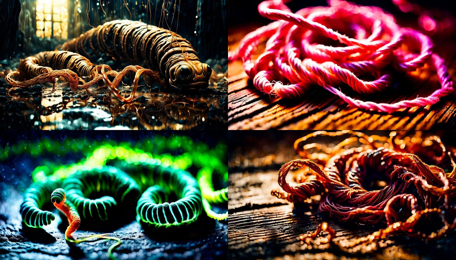 Surreal Living Worm Made of String and Meat