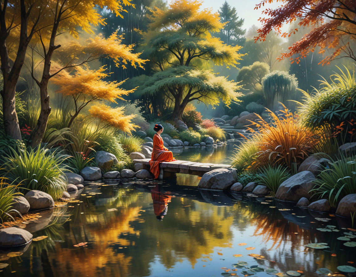 Serene Geisha in a Vibrant Zen Garden