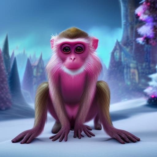 Pink Christmas Monkey in Detailed Matte Painting Style
