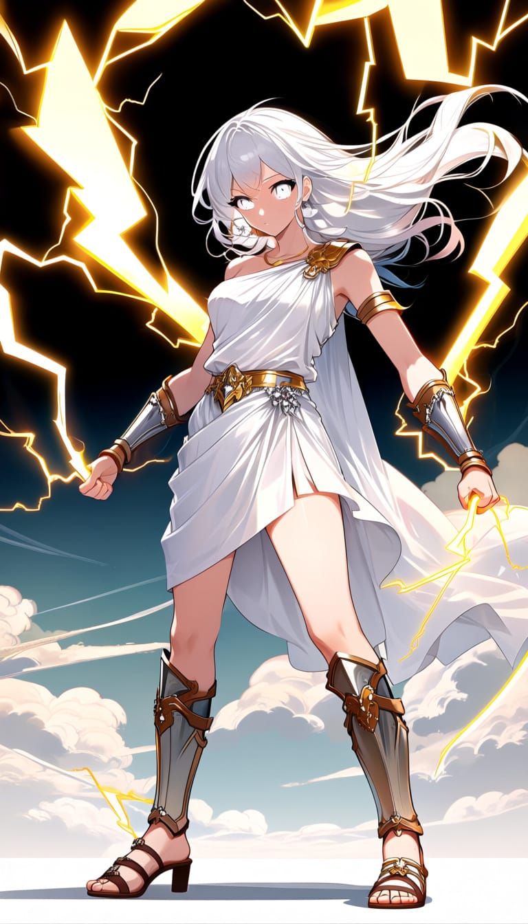 Anime Goddess with White Hair Holding Lightning Bolt