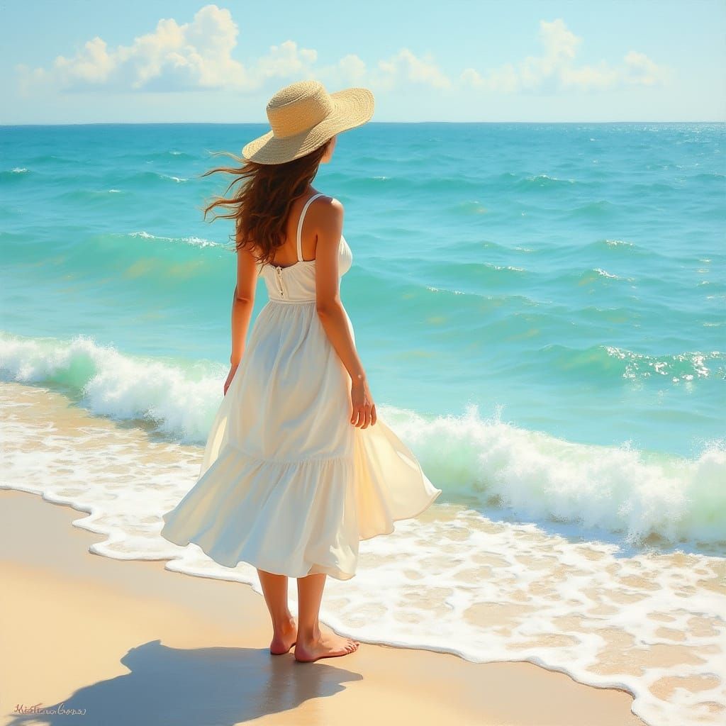 Woman in Serene Beach Scene, Impressionist Style