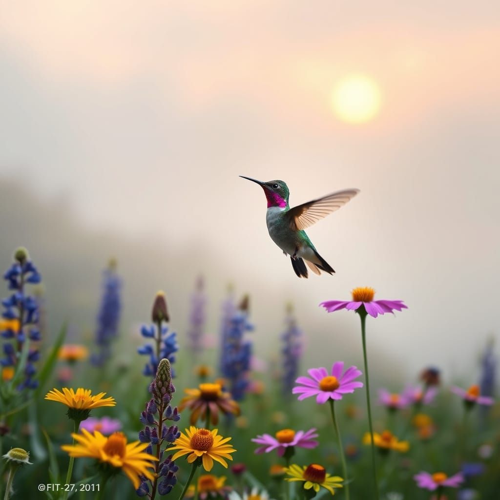 Iridescent Hummingbird in a Serene Mountain Meadow