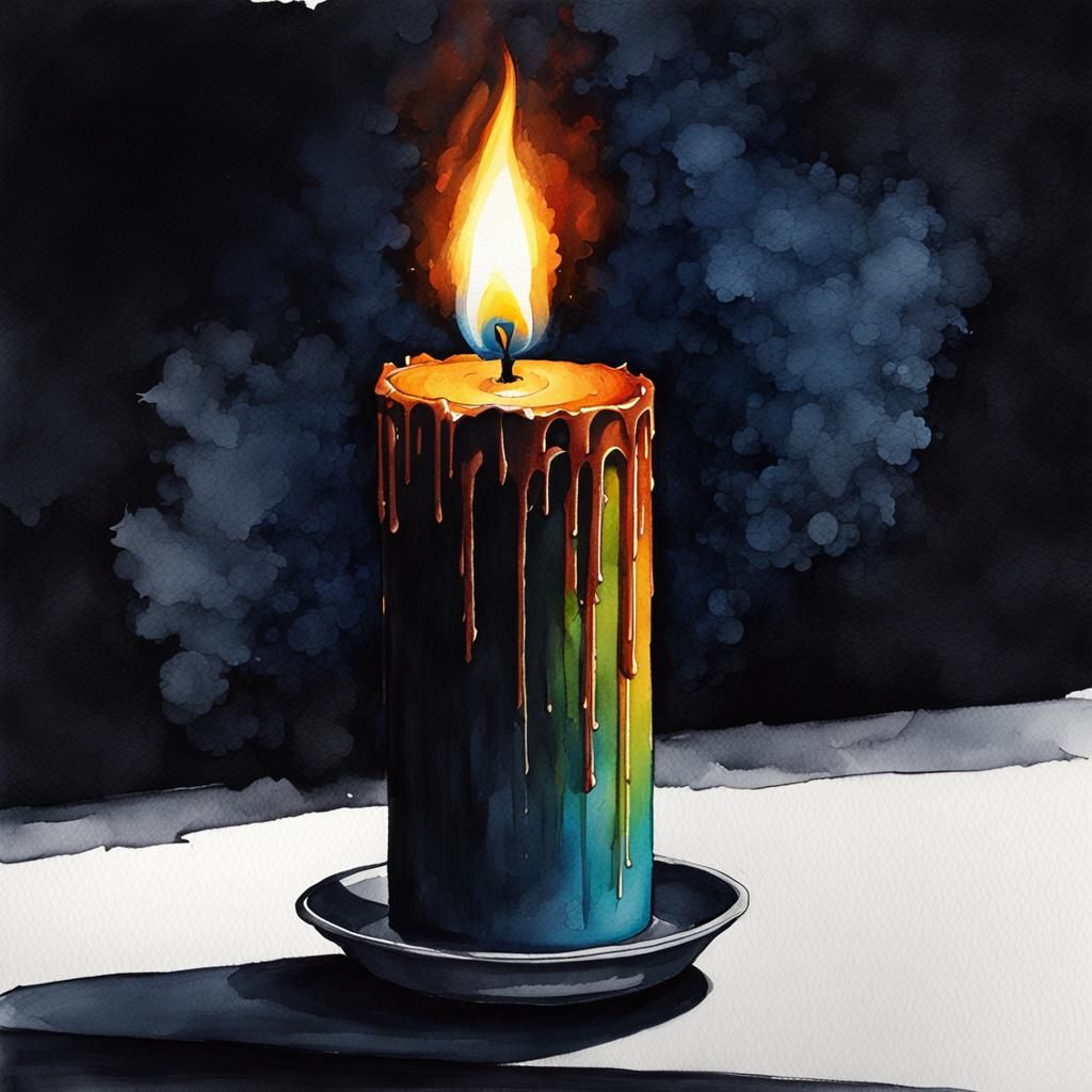 Watercolor Sketch of Flickering Candle in Darkness