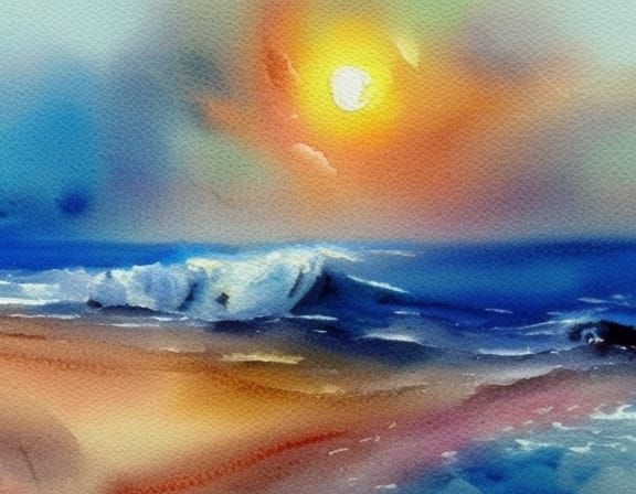 Colorful Watercolor Beach Scene with Seashells and Waves