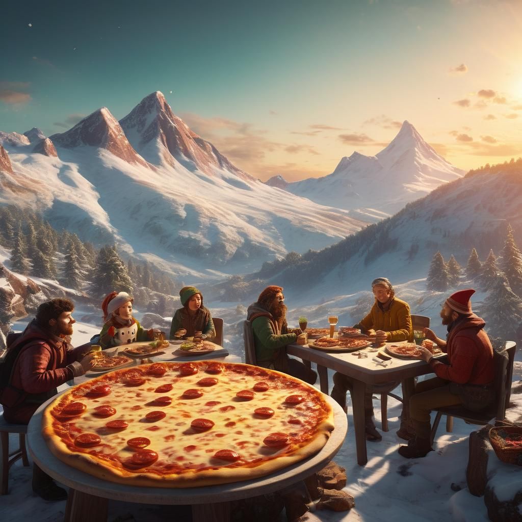 Giant Pizza Party Atop Snowy Mountain