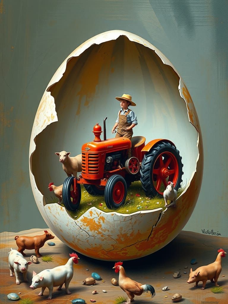 Surrealist Miniature Farmyard Inside a Broken Eggshell