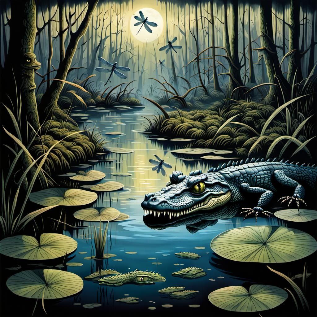 Eerie Alligator Eyes in a Dark Swamp