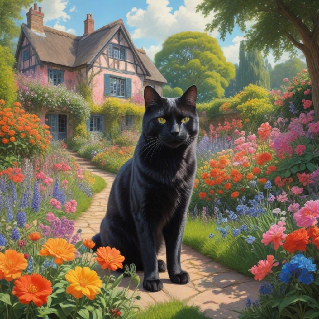 Hyperdetailed Black Cat in Flower Garden Drawing