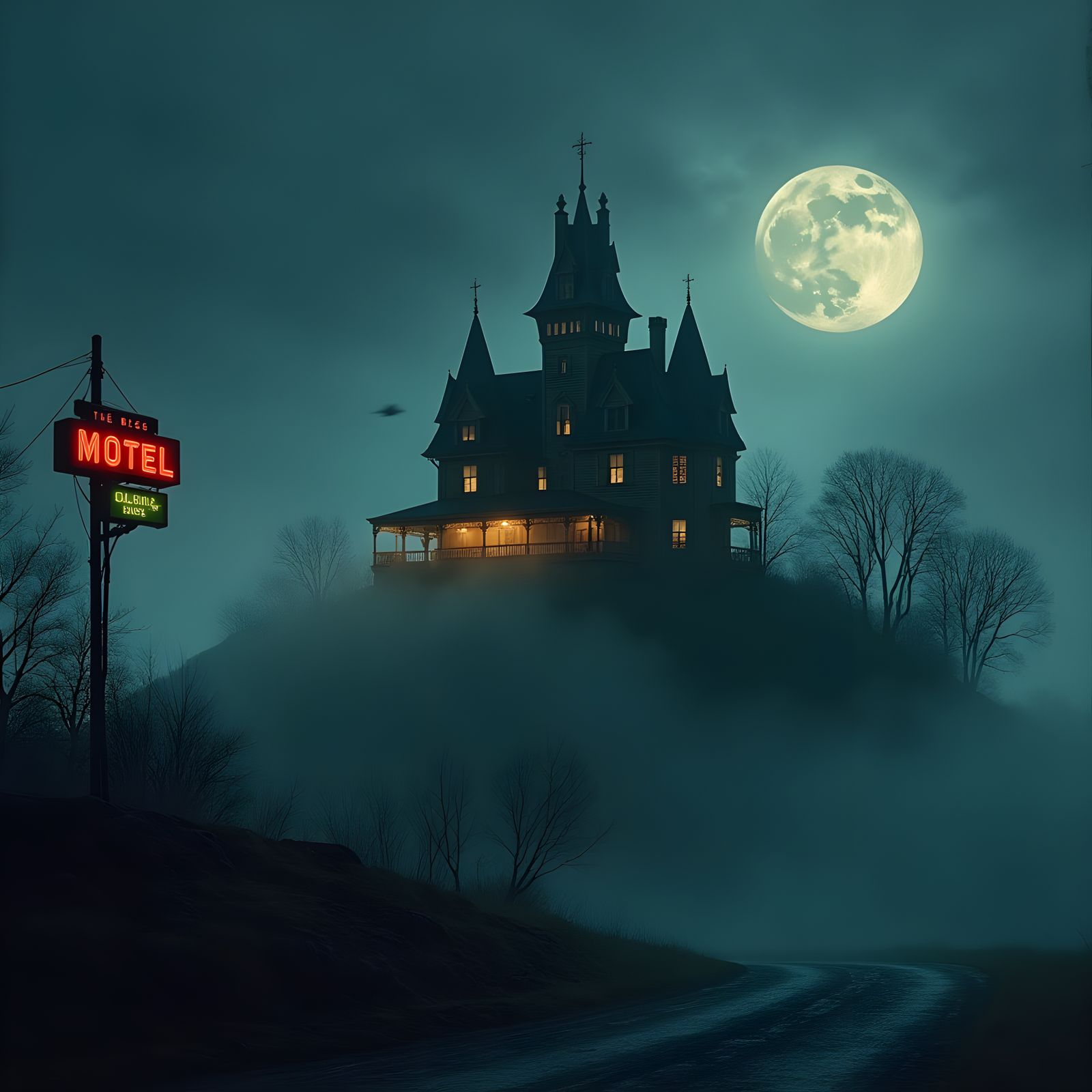 Spooky Bates Motel on a Misty Night
