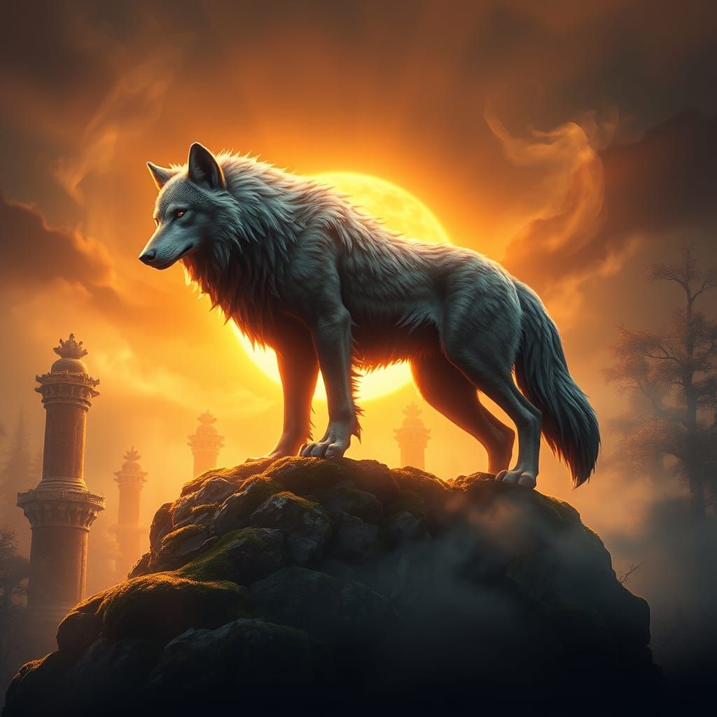 Mythical Steppenwolf on Ancient Ruins: Fantasy Concept Art