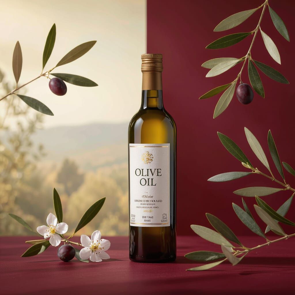 Olive Oil Bottle on Burgundy Background in Commercial Photo