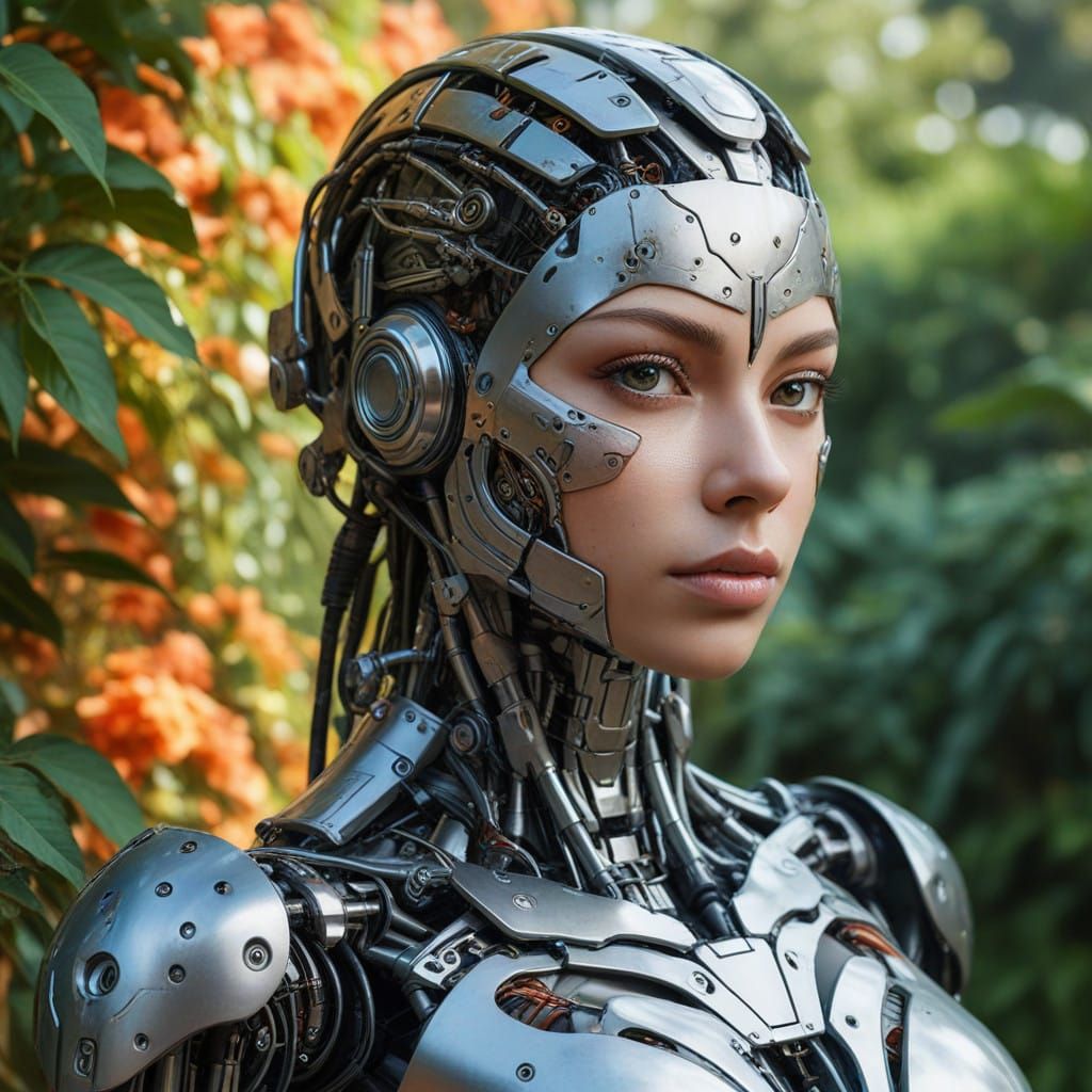Cybernetic Goddess in Vibrant Garden