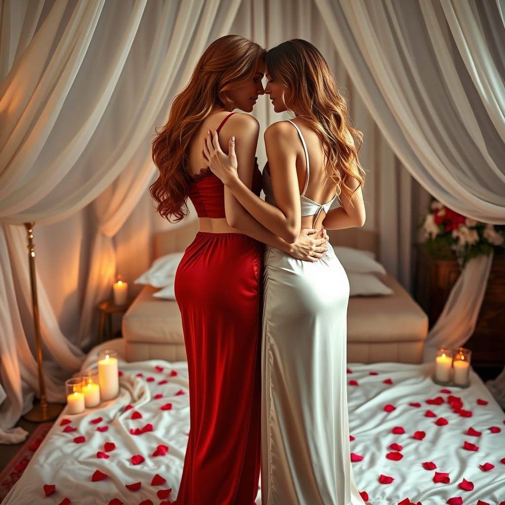 Two Brides Embrace on Wedding Night